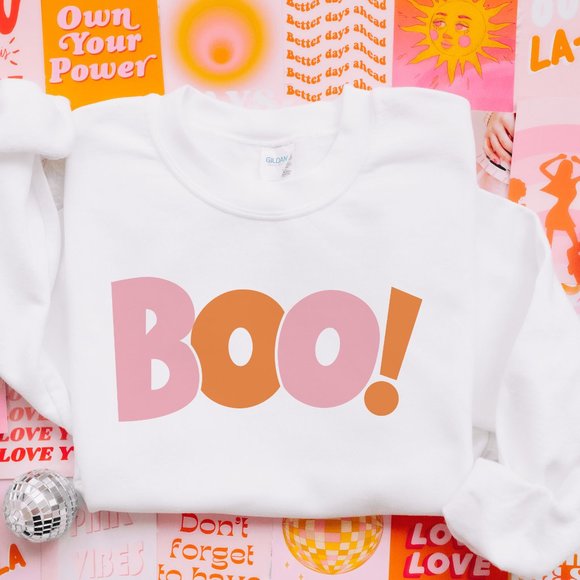 Desert Bloom Darlin Sweaters - Boo! Bubble Burst Pink and Orange Halloween White Sweatshirt